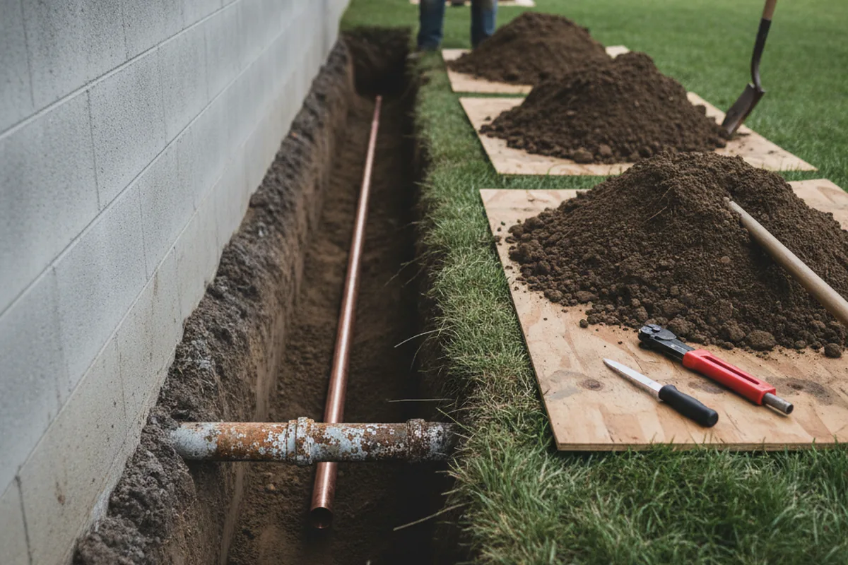 Excavated water line trench during Water Softener Installation in Maplewood